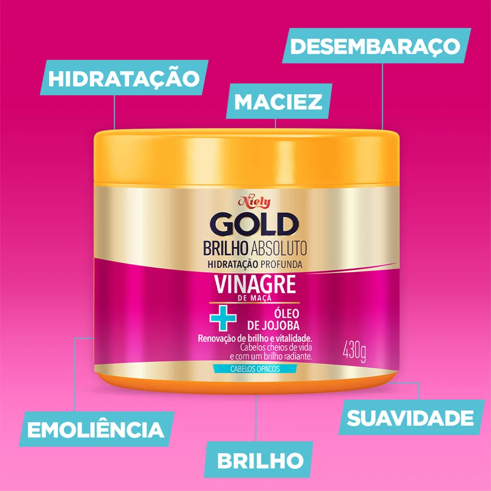 Máscara Capilar Niely Gold Brilho Absoluto Vinagre de Maçã + Óleo de Jojoba 430g