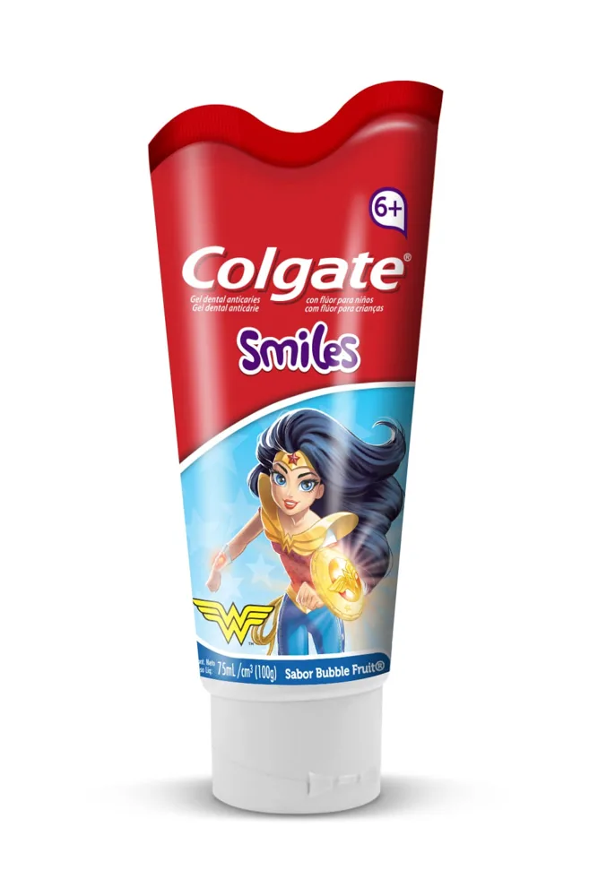 Creme Dental Infantil Colgate Smiles Batman & Mulher-Maravilha Anticáries Com Flúor +6 anos Sabor Bubble Fruit 100g