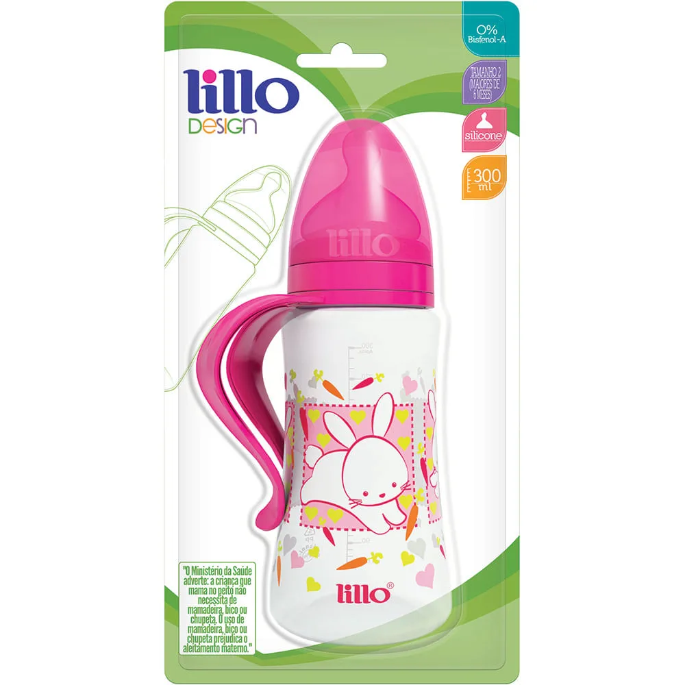 Mamadeira Lillo Design Ortodôntica +6 meses Anticólica com Alça Rosa 300ml 1 Unidade