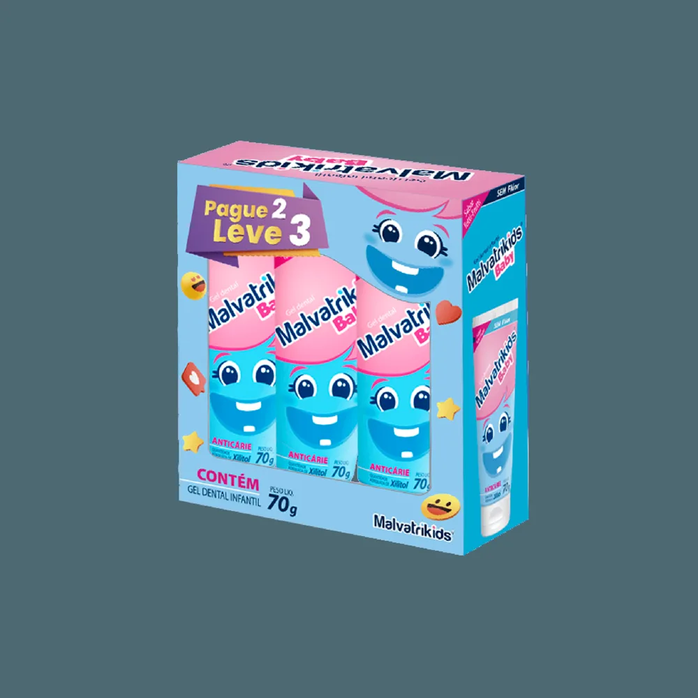 Kit Gel Dental Infantil Malvatrikids Baby Anticáries 70g 3 Unidades Leve 3 Pague 2