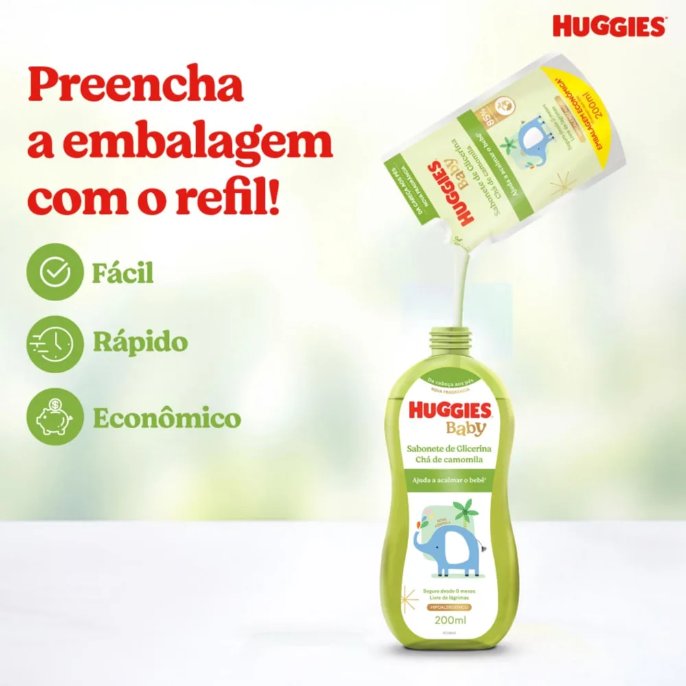 Sabonete Líquido Infantil Huggies Baby Glicerina Camomila Natural Refil 200ml