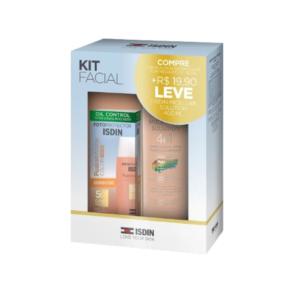 Kit Protetor Solar Facial ISDIN Fusion Water FPS50 Média 50ml 1 Unidade + Solução Micelar ISDIN 4 em 1 400ml 1 Unidade