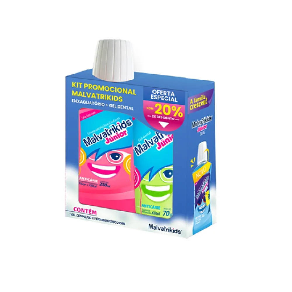 Kit Malvatrikids Enxaguante Bucal Infantil Júnior Anticárie 250ml + Gel Dental Infantil Júnior Anticárie 70g Oferta Especial 20% de Desconto