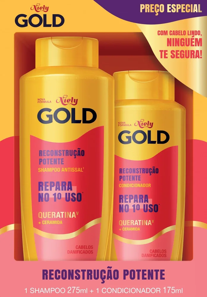 Kit Shampoo Antissal 275ml + Condicionador 175ml Queratina V E Ceramida Niely Gold Reconstrução Potente