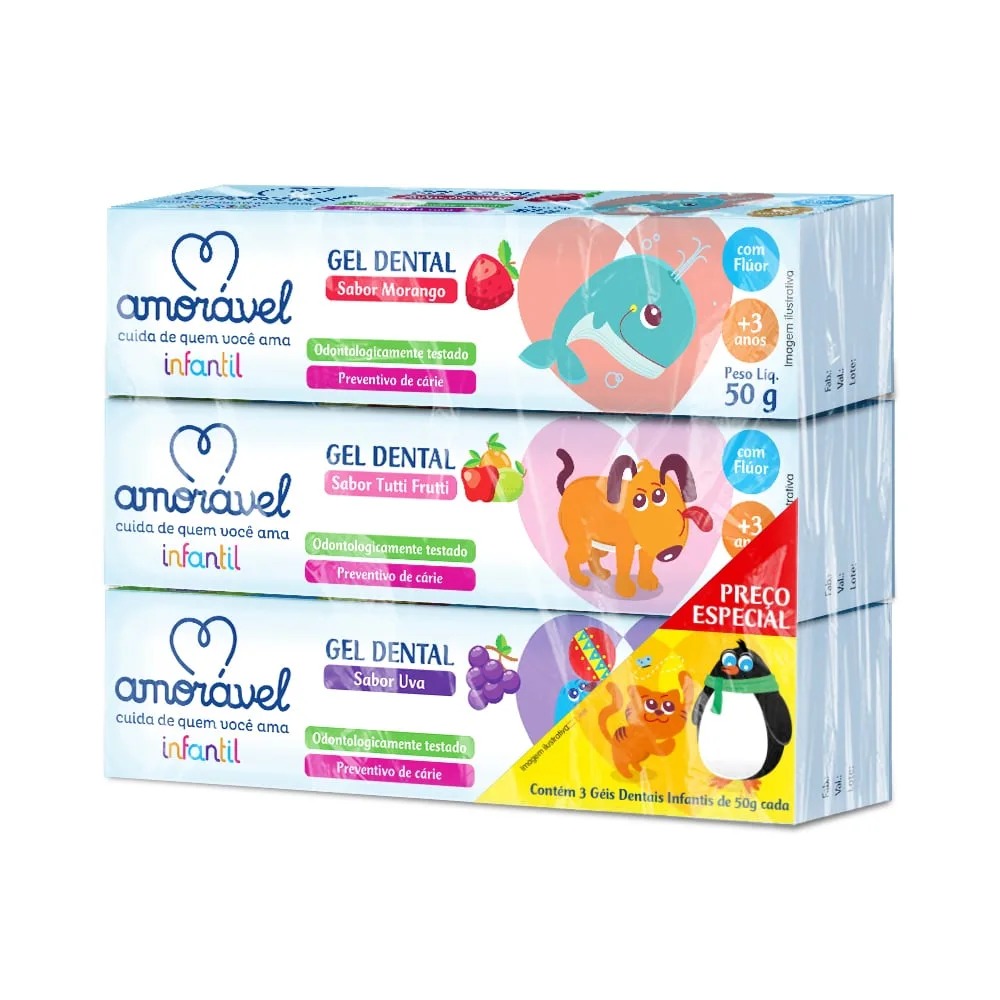 Kit Gel Dental Infantil Amorável Com 3 Unidades De 50g Cada