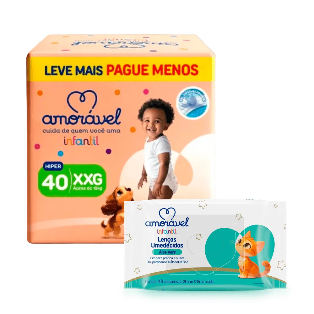 Kit Amorável Fralda Amoravel Basic Hiper XXG 40 Uni + Lenço Umedecido Amorável Baby Aloe Vera 48 Uni