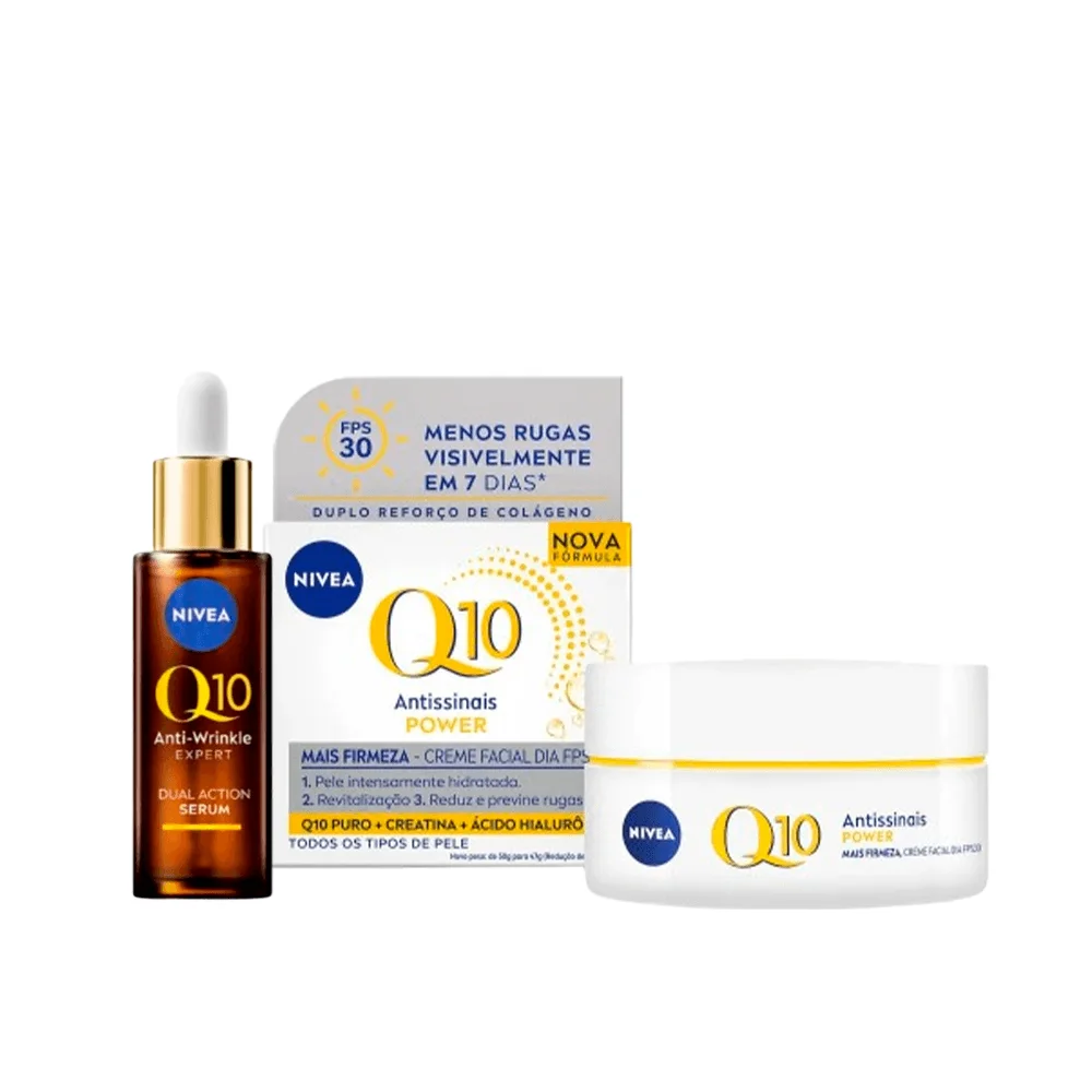Kit Nivea Sérum Facial Q10 Antissinais Expert Dupla Ação 30ml + Creme Facial Q10 Power Antissinais FPS 30 50g