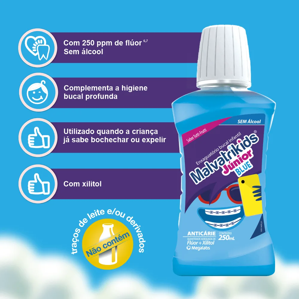 Enxaguante Bucal Infantil Malvatrikids Júnior Blue Flúor Xilitol Zero Álcool Sabor Tutti Frutti Azul 250ml