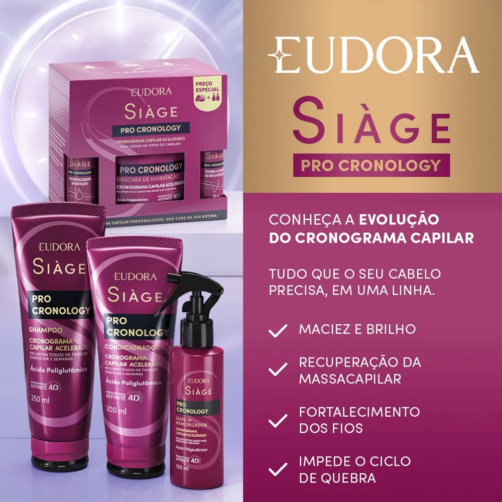 Kit Eudora Siàge Máscara de Tratamento Pro Cronology 250g 1 Uni + Potencializador de Nutrição 10ml 1 Uni + Potencializador de Reconstrução 10ml 1 Uni