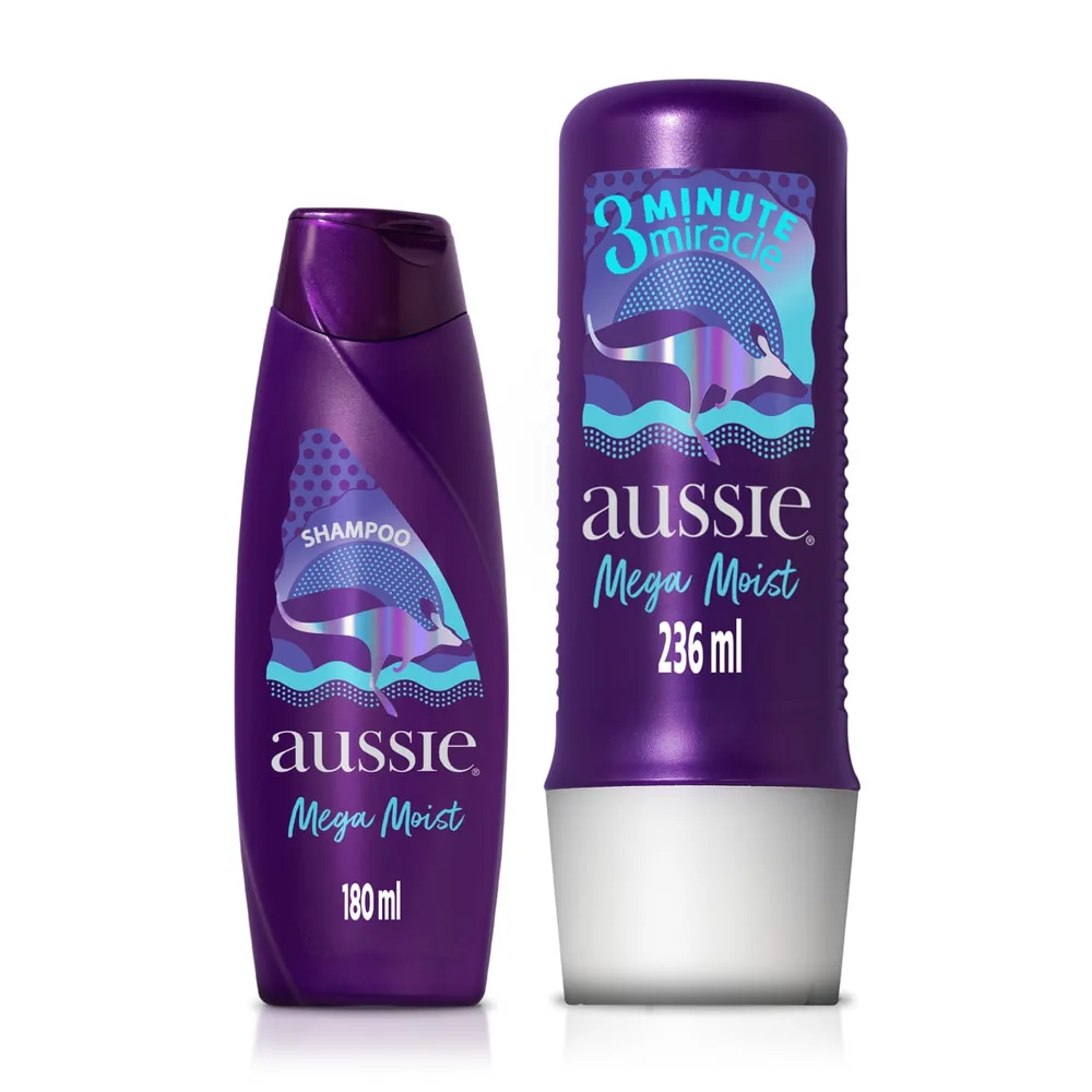 Kit Shampoo Aussie Mega Moist 180ml 1 Unidade + Creme de Tratamento Capilar Aussie 3 Minute Miracle Moist Hidratação 236ml 1 Unidade