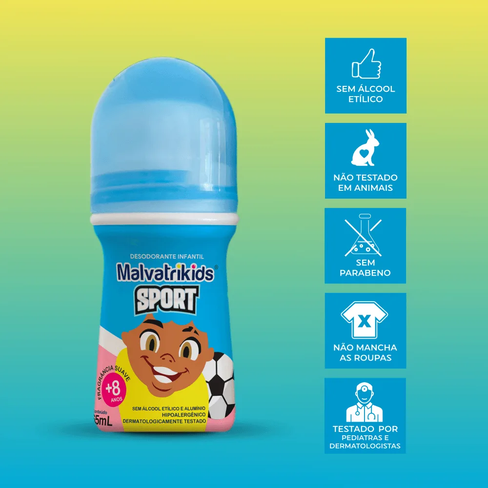 Desodorante Infantil Malvatrikids Sport +8 anos Fragrância Suave Roll On 65ml