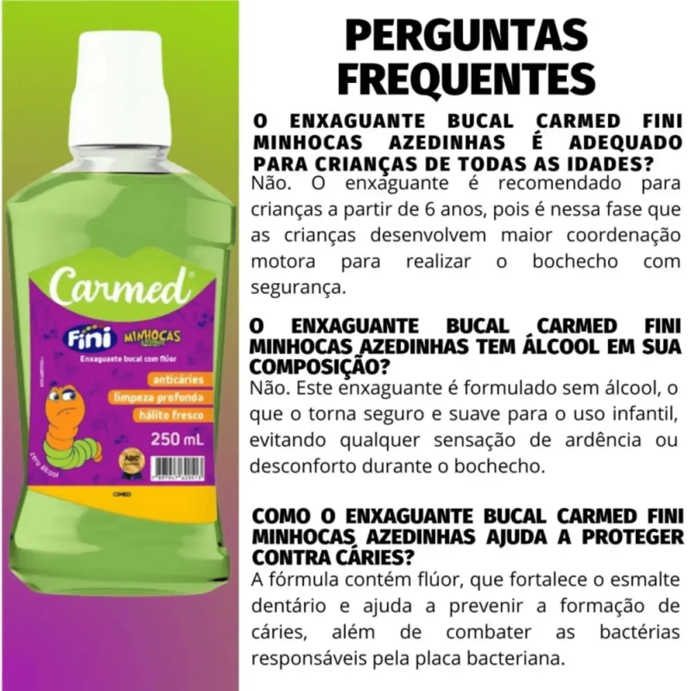 Enxaguante Bucal Carmed Fini Minhocas com Flúor Zero Álcool 250ml