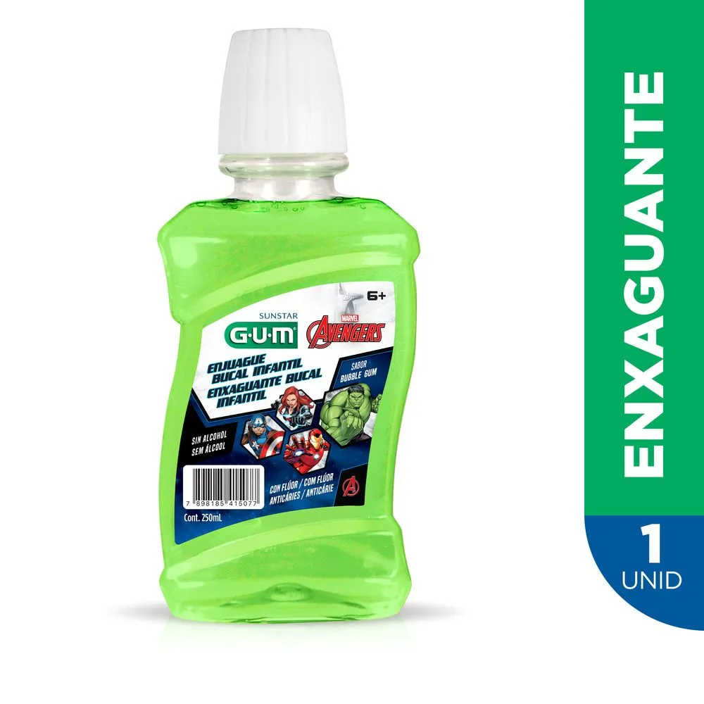Enxaguante Bucal Infantil Sunstar Avengers Zero Álcool +6 anos Sabor Bubble GUM 250ml