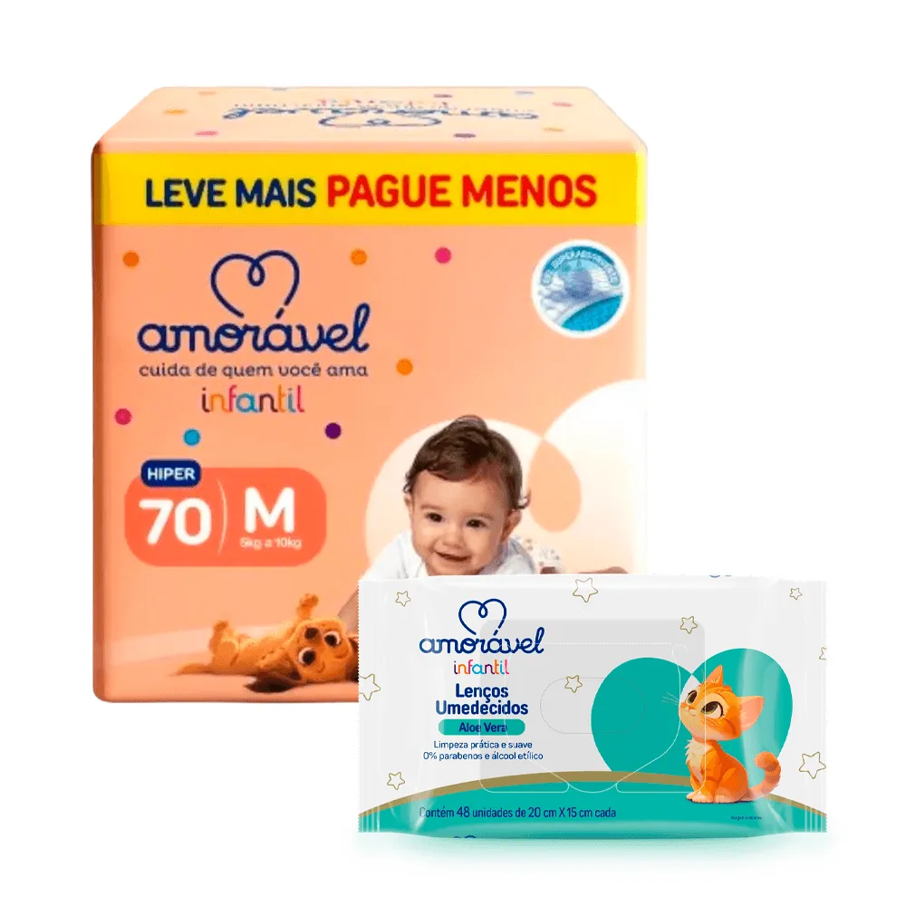 Kit Amorável Fralda Amorável Basic M 70 Uni + Lenço Umedecido Amorável Baby Aloe Vera 48 Uni