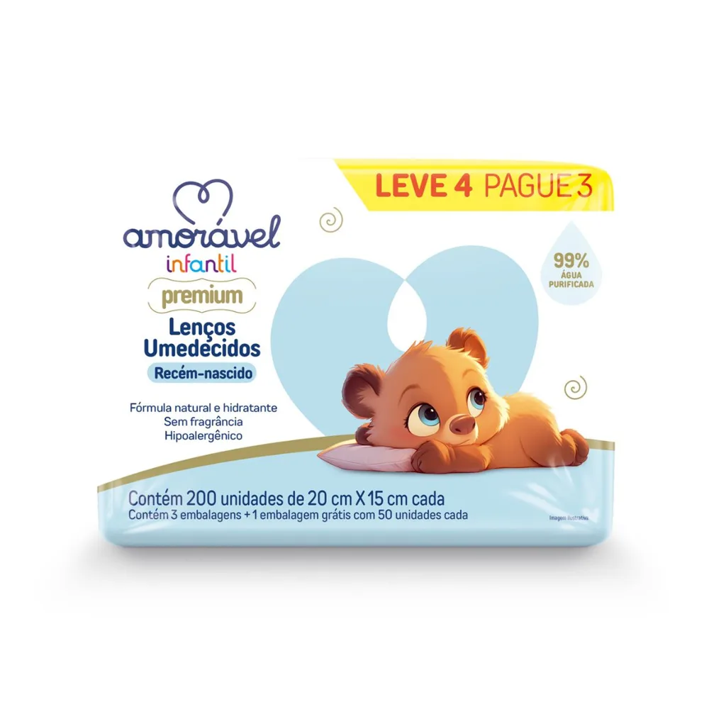 Lenço Umedecido Amorável Infantil 99% Água 50 Unidades Leve 4 Pague 3