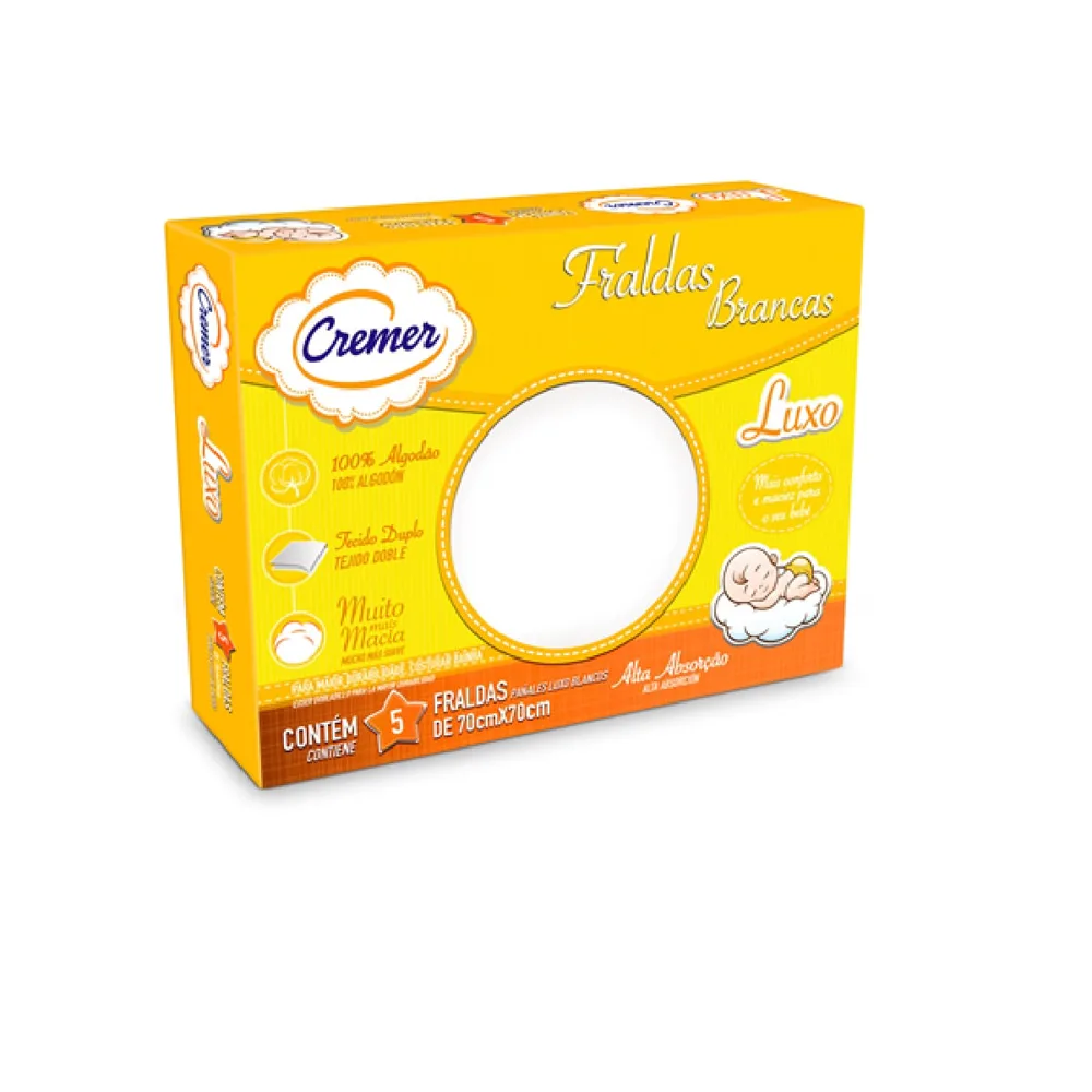 Fralda de Pano Cremer Luxo Branco 70cm x 70cm 5 Unidades