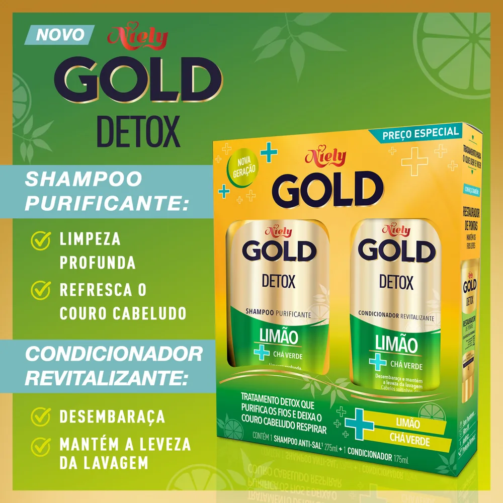 Kit Shampoo Niely Gold Detox Limão e Chá Verde 275ml + Condicionador Niely Gold Detox Limão e Chá Verde 175ml