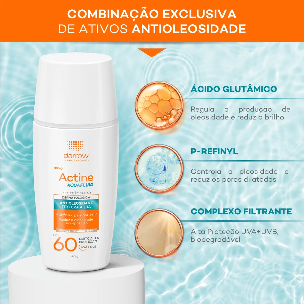 Protetor Solar Facial Darrow Actine Aquafluid Antioleosidade FPS60 Tom Claro/Médio 40g