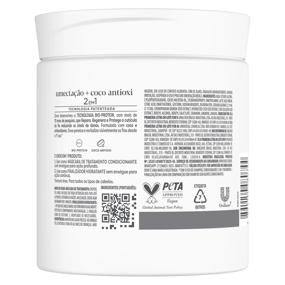 Máscara Capilar Dove 2 em 1 Umectação + Coco Antioxi 500g