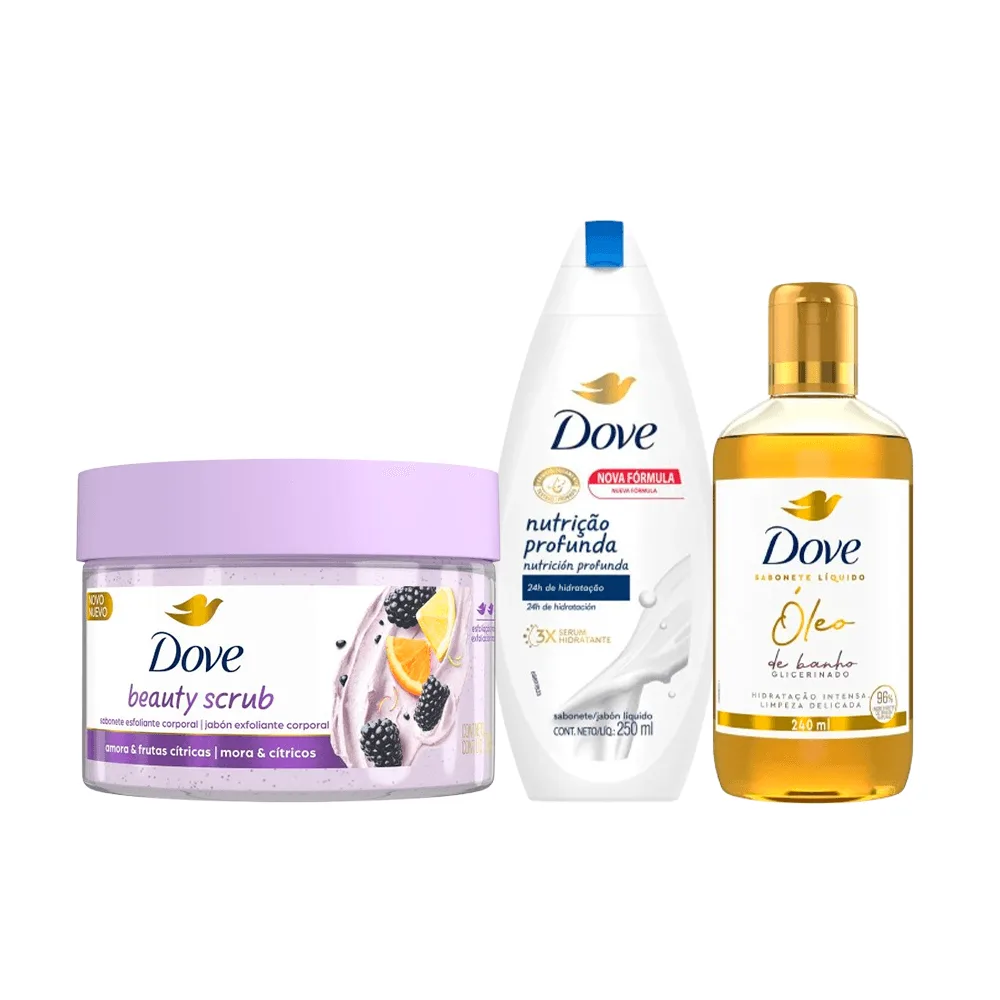 Kit Dove Banho Sabonete Esfoliante Beauty Scrub 280g + Sabonete Líquido Óleo de Banho 240ml + Sabonete Líquido Nutrição Profunda 250ml