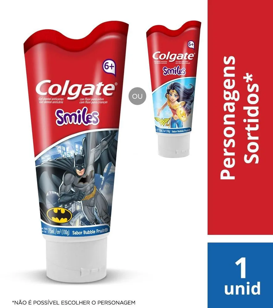 Creme Dental Infantil Colgate Smiles Batman & Mulher-Maravilha Anticáries Com Flúor +6 anos Sabor Bubble Fruit 100g