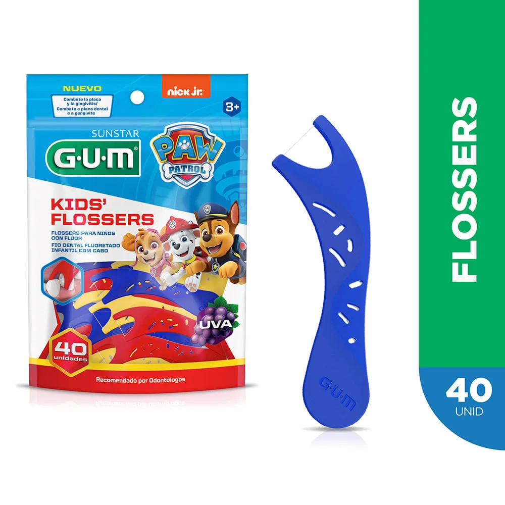 Fio Dental Infantil GUM Flosser Patrulha Canina com Flúor Sabor Uva 40 Unidades