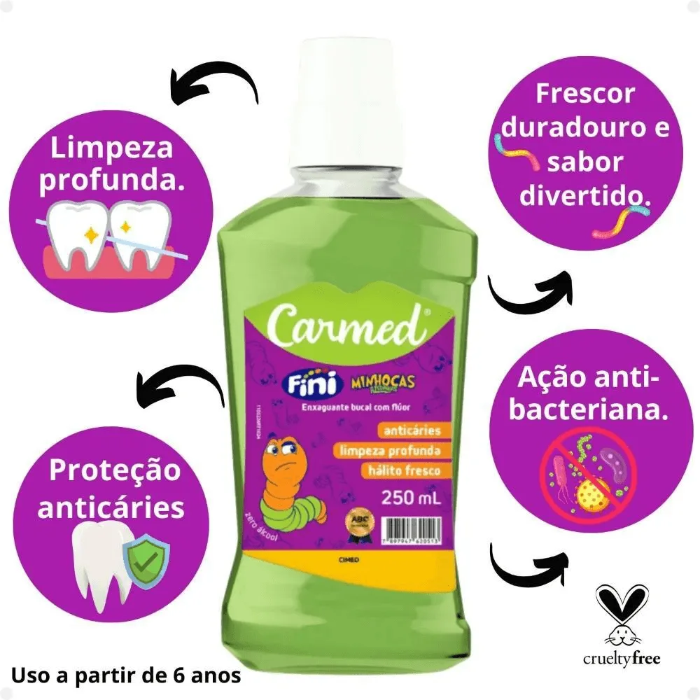 Enxaguante Bucal Carmed Fini Minhocas com Flúor Zero Álcool 250ml