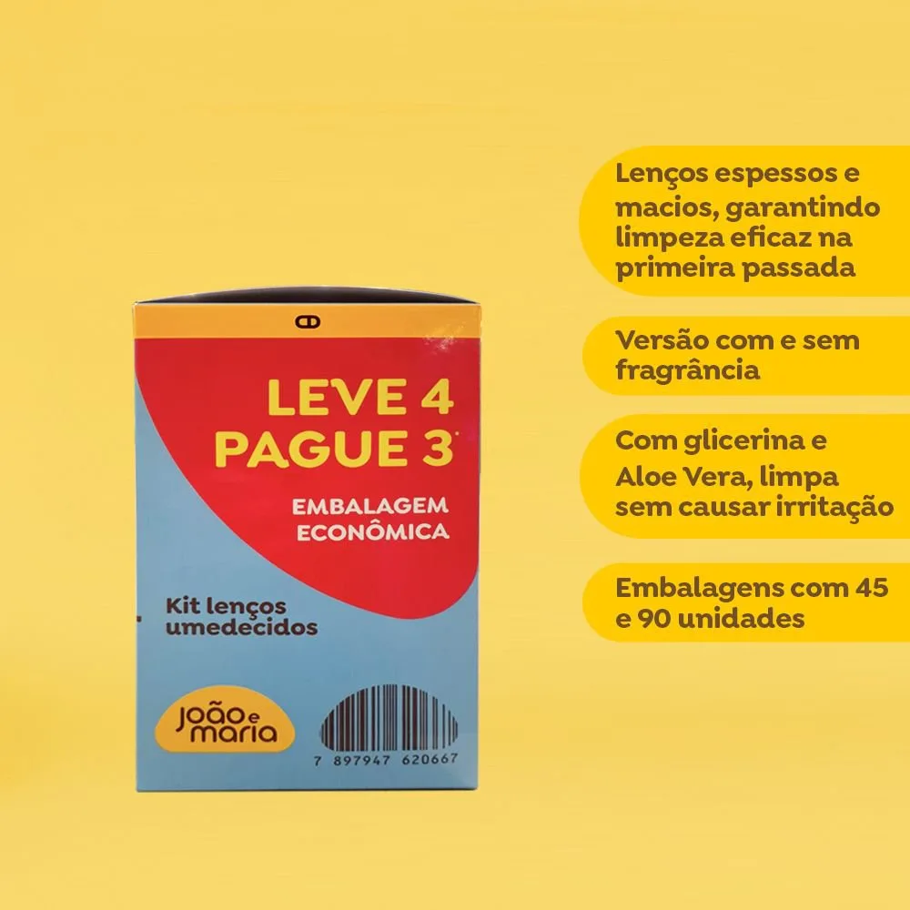 Kit Lenço Umedecido João E Maria Recém-Nascido Sem Fragrância Com Glicerina E Aloe Vera 4 Un Com 45 Folhas Cada Leve 4 Pague 3 Unidades