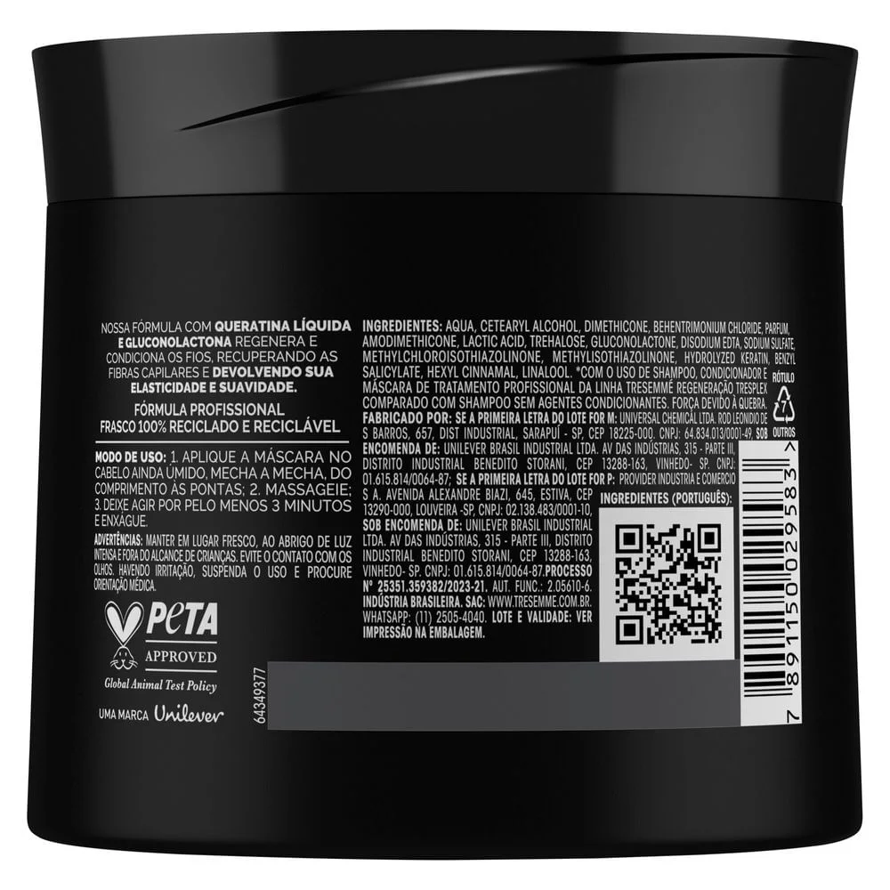 Máscara de Tratamento TRESemmé TRESplex Regeneração Queratina e Gluconolactona 400g