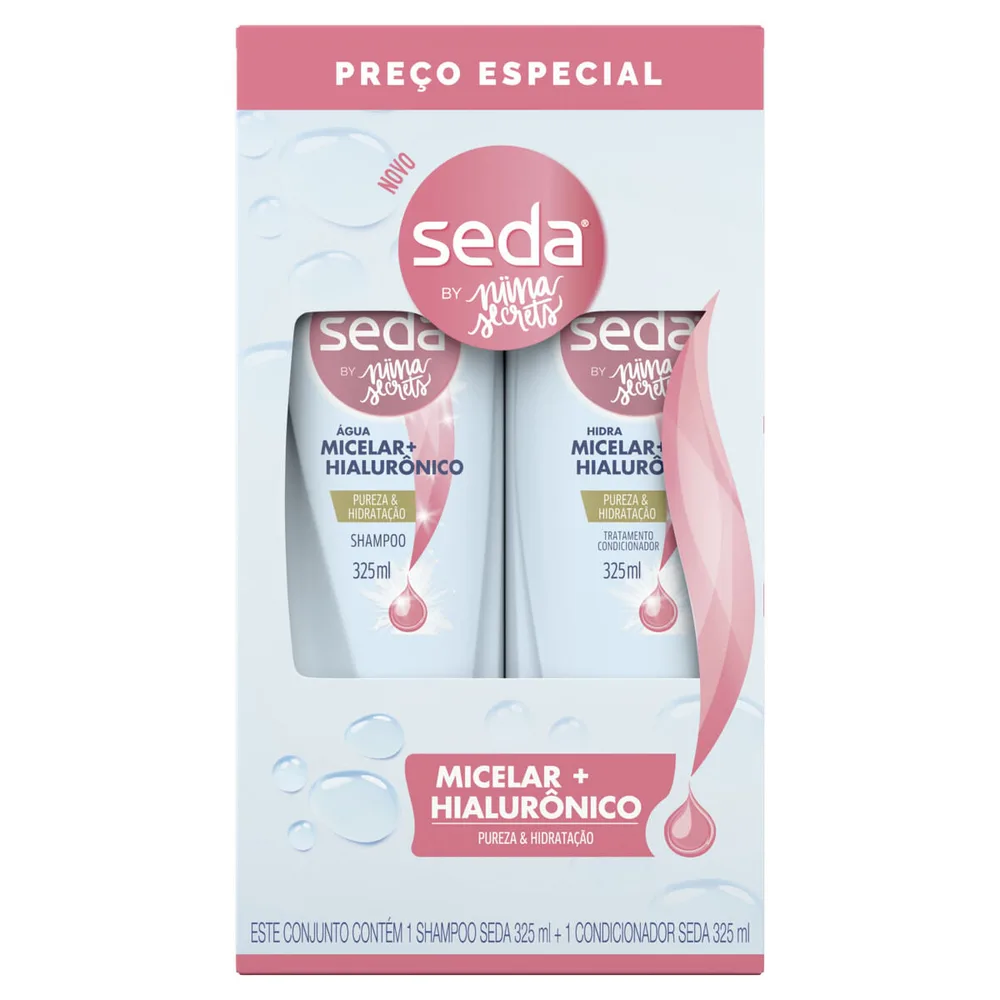 Kit Shampoo Seda by Niina Secrets Água Micelar + Hialurônico 325ml 1 Uni + Condicionador Água Micelar + Hialurônico 325ml 1 Uni