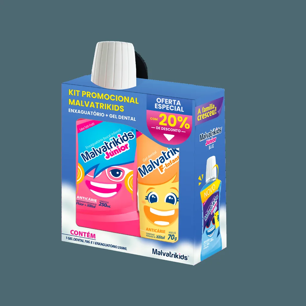 Kit Malvatrikids Enxaguante Bucal Infantil Júnior Anticárie 250ml + Gel Dental Infantil F-Intantil Anticárie 70g Oferta Especial 20% de Desconto