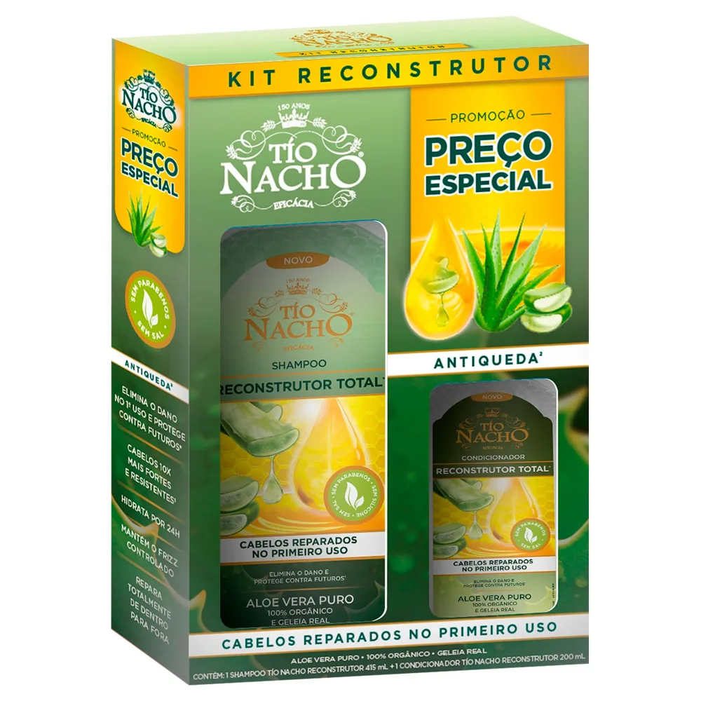Kit Shampoo Tio Nacho Reconstrução Total Aloe Vera Puro 415ml 1 Uni + Condicionador Aloe Vera Puro 200ml 1 Uni