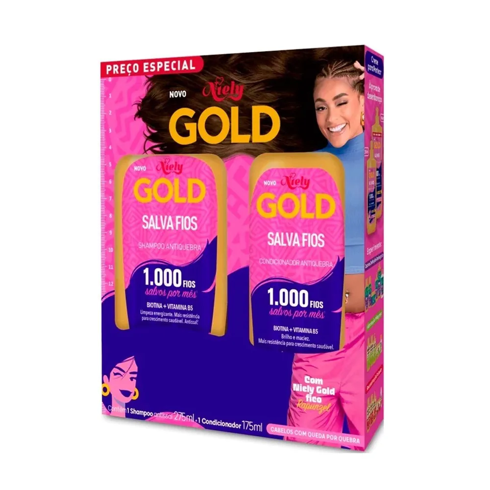 Kit Shampoo Niely Gold Salva Fios Antiquebra 275ml 1 Unidade + Condicionador Niely Gold Salva Fios Antiquebra 175ml 1 Unidade