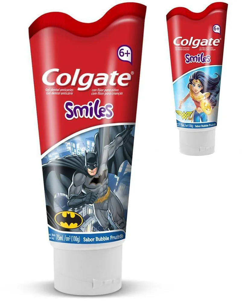Creme Dental Infantil Colgate Smiles Batman & Mulher-Maravilha Anticáries Com Flúor +6 anos Sabor Bubble Fruit 100g