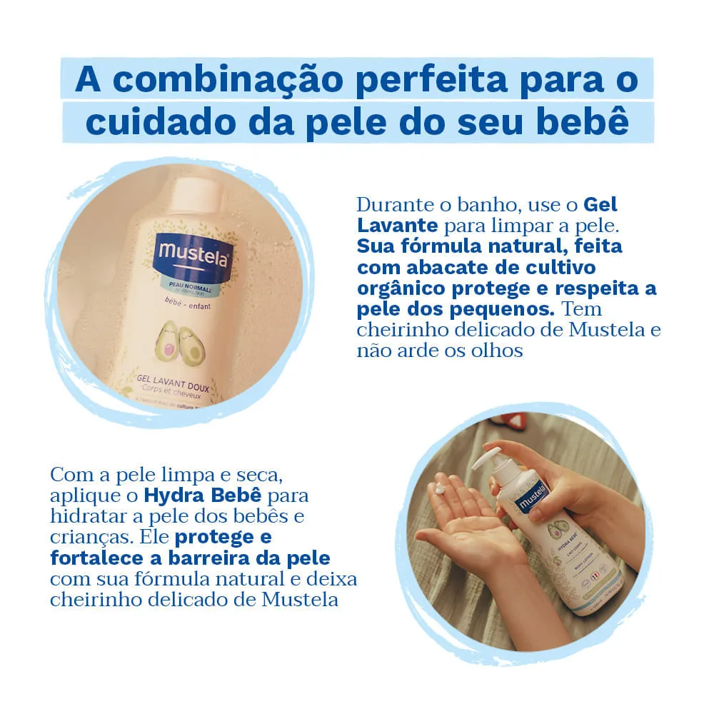 Kit Mustala Gel Lavante Bebê Suave com Abacate Orgânico 500ml + Loção Hidratante Hydra Bébé Bebê Pele Normal 500ml