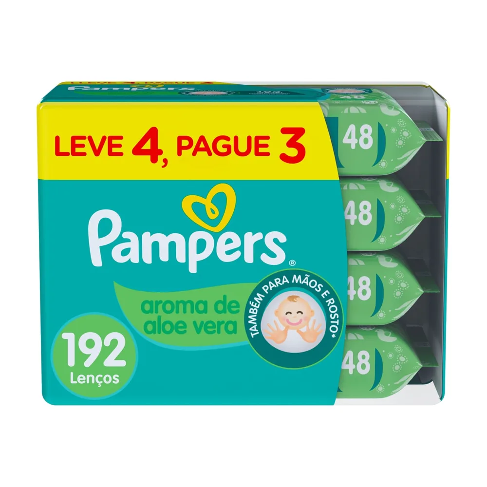 Lenços Umedecidos Pampers Aroma de Aloe Vera 192 Unidades Leve 4 Pague 3
