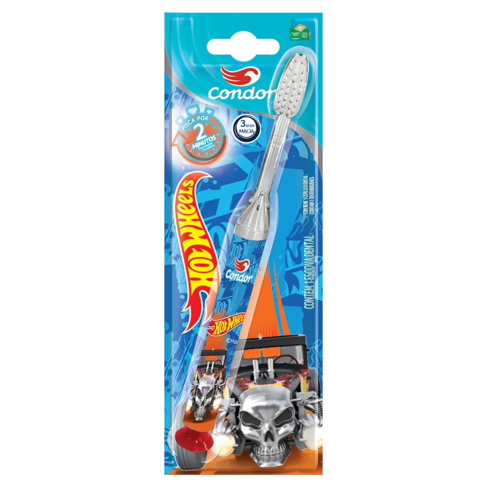Escova Dental Infantil Condor Hot Wheels Luz de Led que Pisca Cerdas Macias 1 Unidade