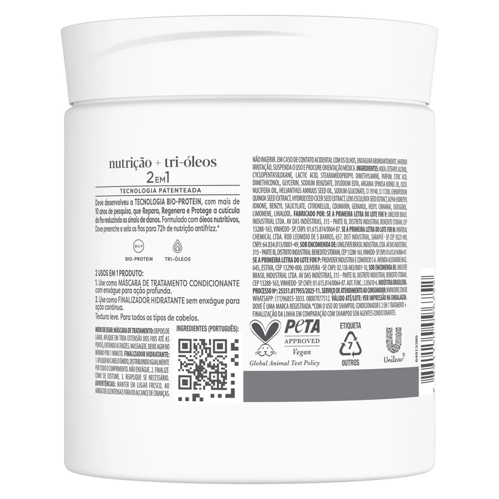 Máscara Dove 2 Em 1 Nutrição + Tri-Óleos 500g