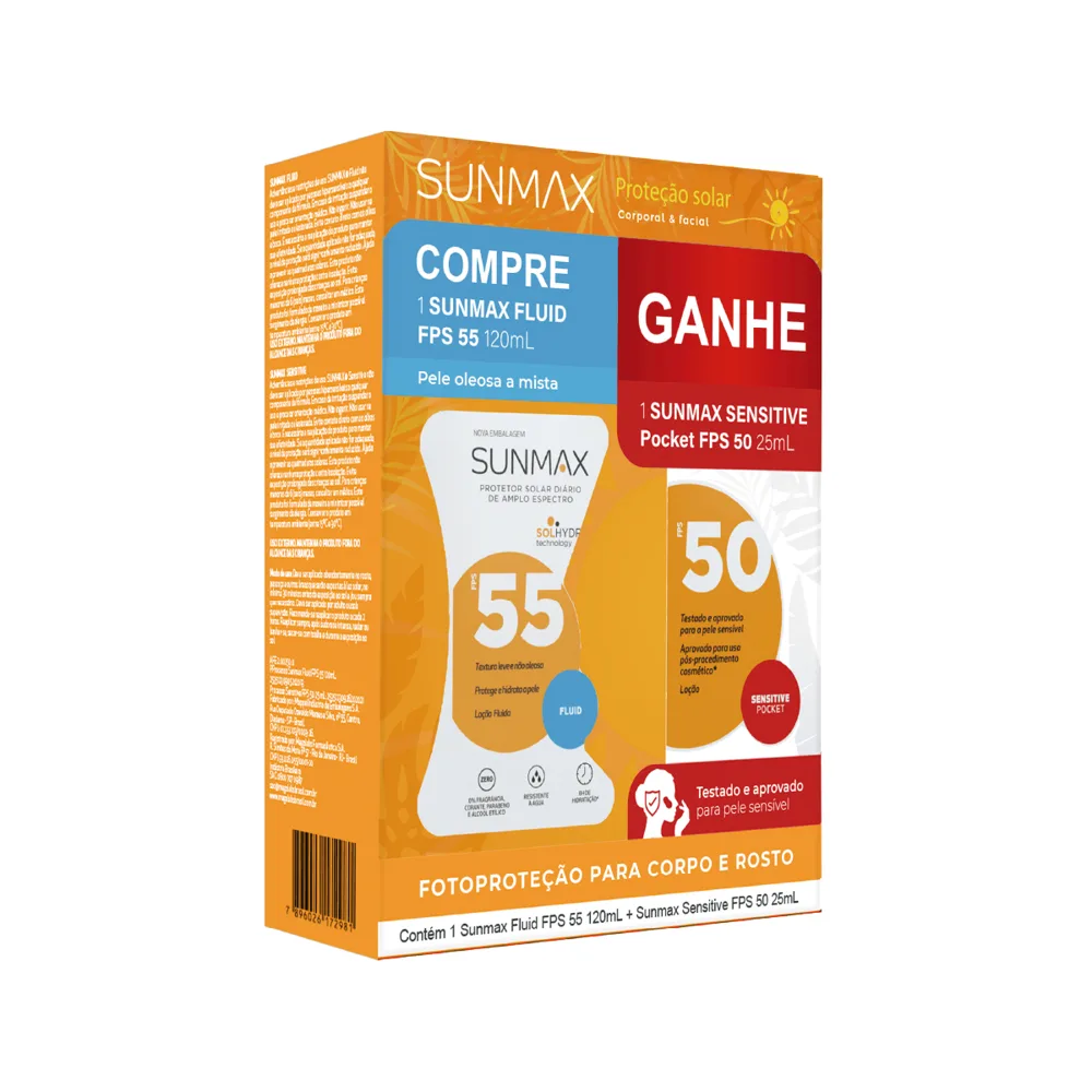 Kit Protetor Solar Sunmax Fluid FPS55 120ml 1 Unidade + Protetor Solar Sunmax Sensitive Pocket FPS50 25ml 1 Unidade