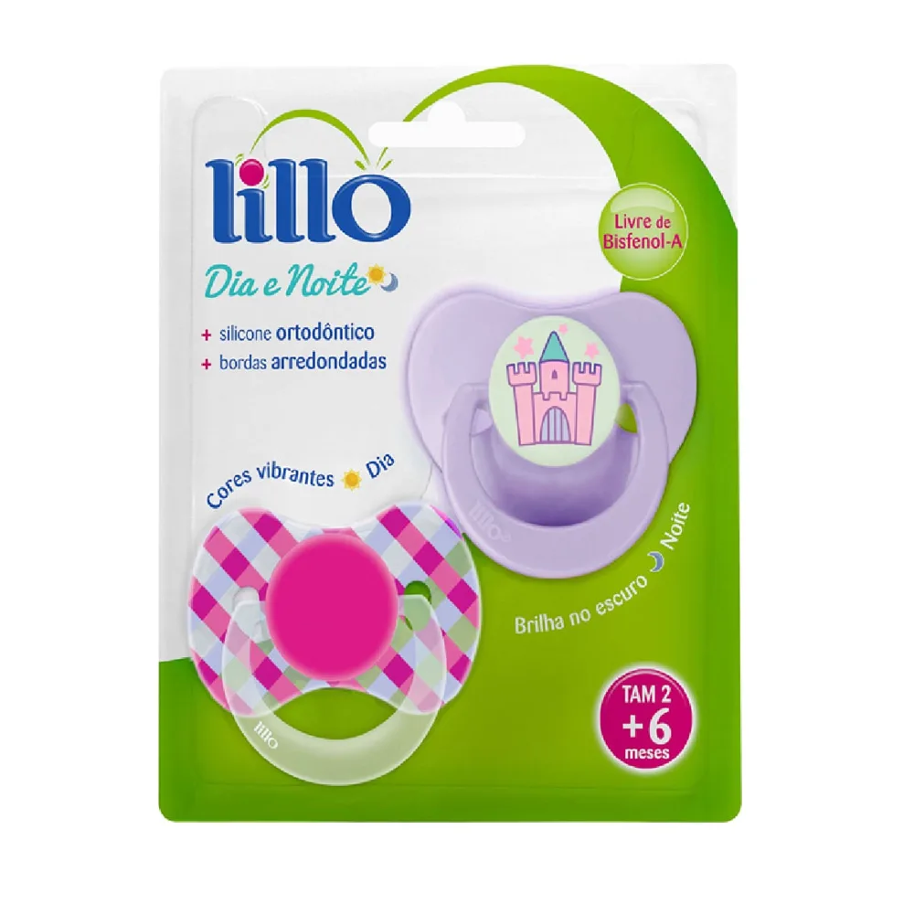 Chupeta Lillo Dia e Noite Ortodôntica +6 meses Brilha no Escuro Silicone Lilás Tamanho 2 2 Unidades