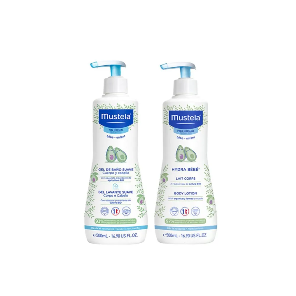 Kit Mustala Gel Lavante Bebê Suave com Abacate Orgânico 500ml + Loção Hidratante Hydra Bébé Bebê Pele Normal 500ml