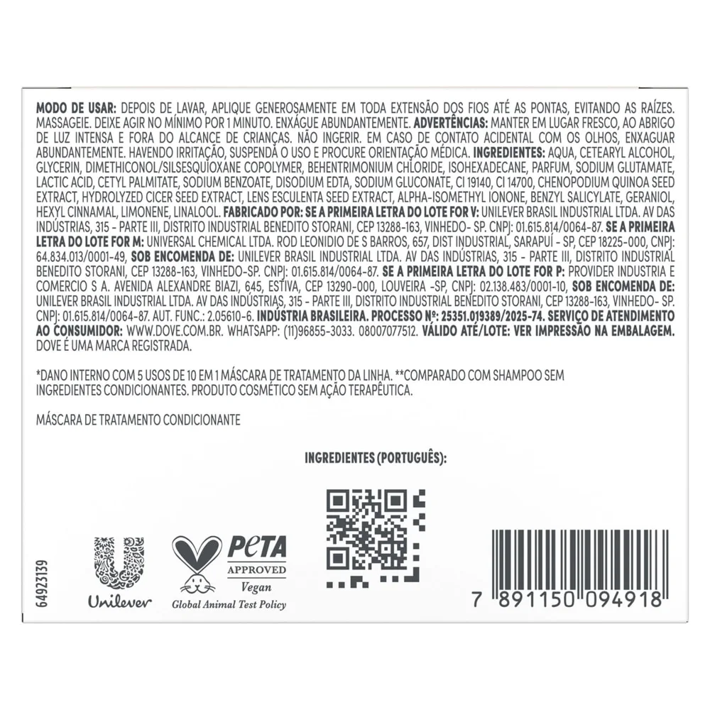 Máscara de Tratamento Dove Reconstrução + Aminoácidos 10 em 1 270g