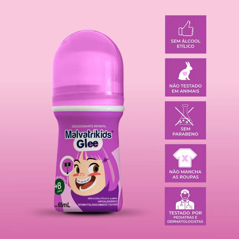 Desodorante Infantil Malvatrikids Glee +8 anos Fragrância Suave Roll On 65ml