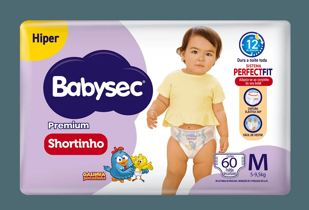 Fralda Babysec Premium Shortinho Galinha Pintadinha M 60 Unidades