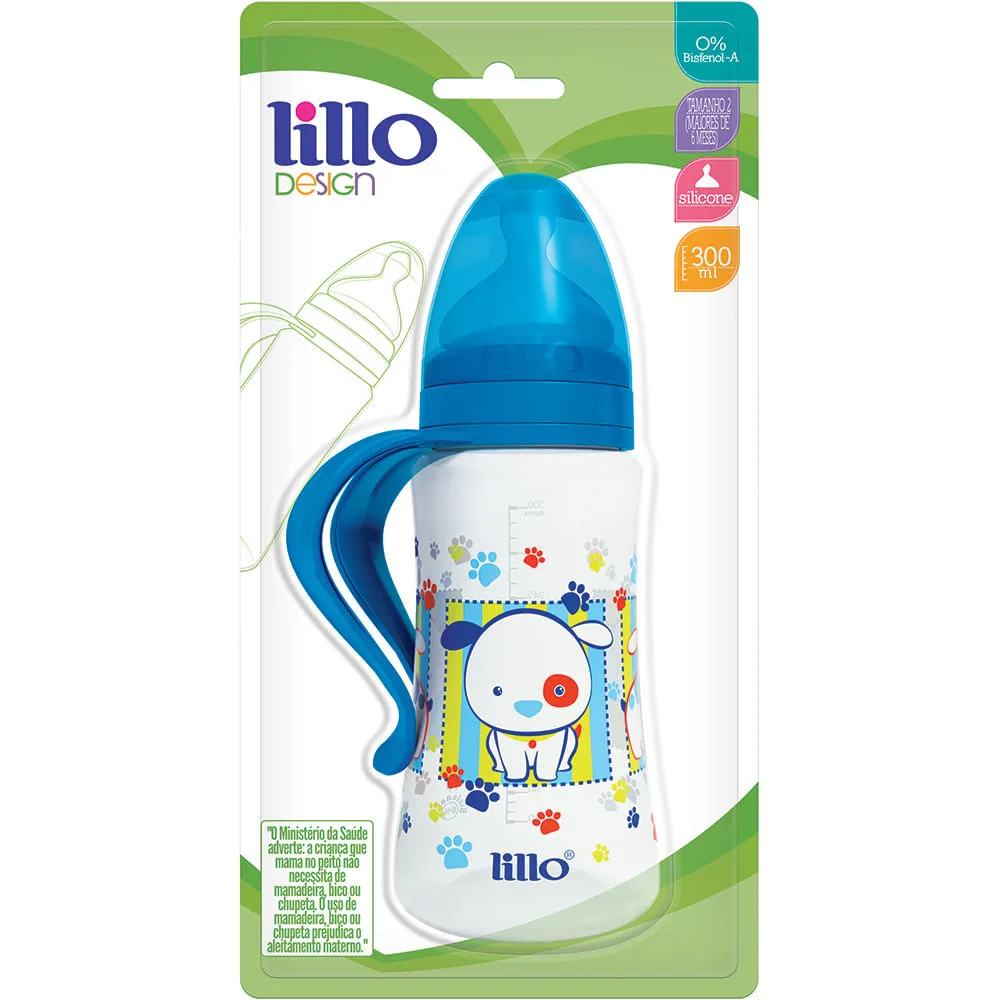 Mamadeira Lillo Design Ortodôntica +6 meses Anticólica com Alça Azul 300ml 1 Unidade