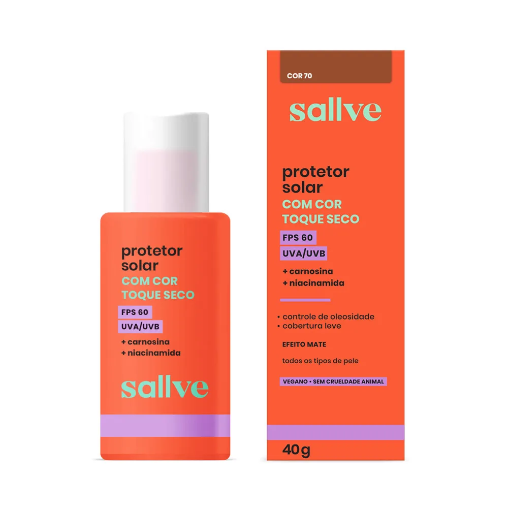 Protetor Solar Facial Sallve Toque Seco FPS60 Carnosina + Niacinamida Cor 70 40g