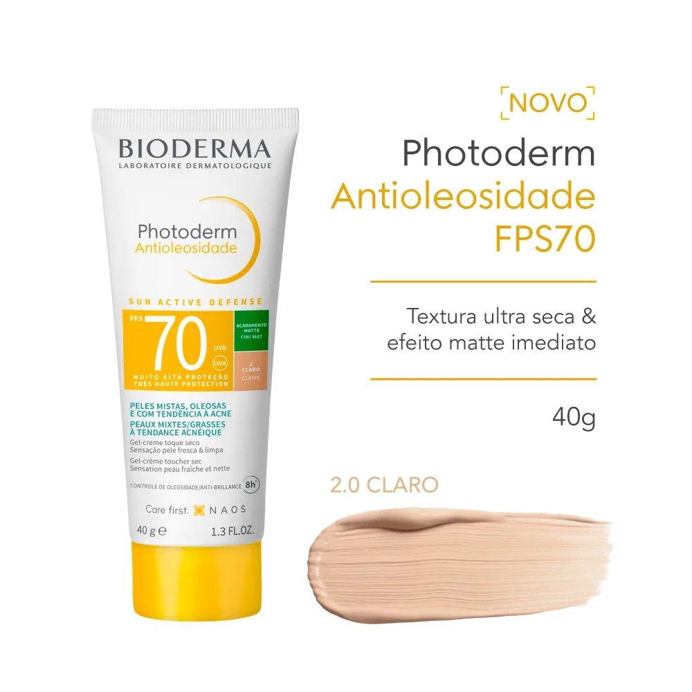 Protetor Solar Facial Bioderma Photoderm Antioleosidade FPS70 Cor 2.0 40g