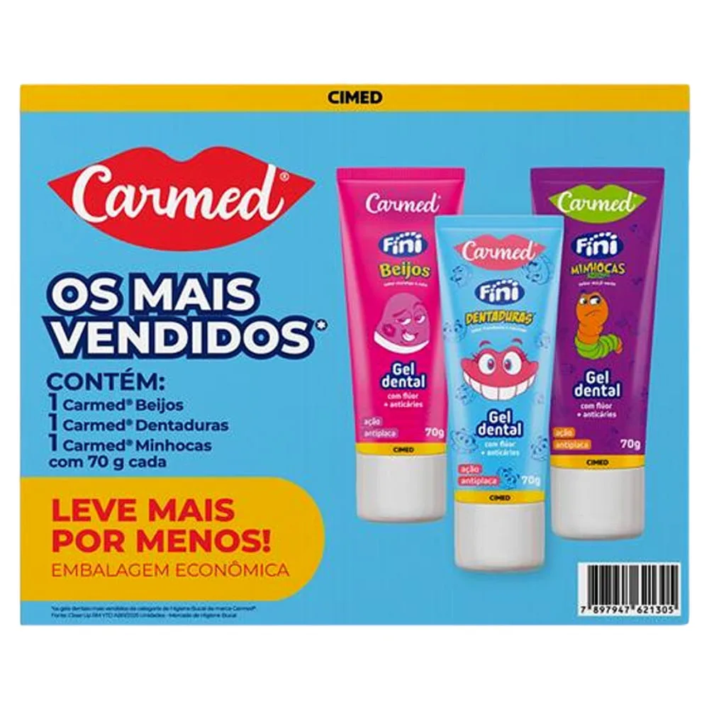 Kit Gel Dental Infantil Carmed Fini Minhocas Azedinhas Maçã-Verde + Dentaduras Framboesa E Morango + Beijos Morango E Nata Anticáries Com Flúor 70g