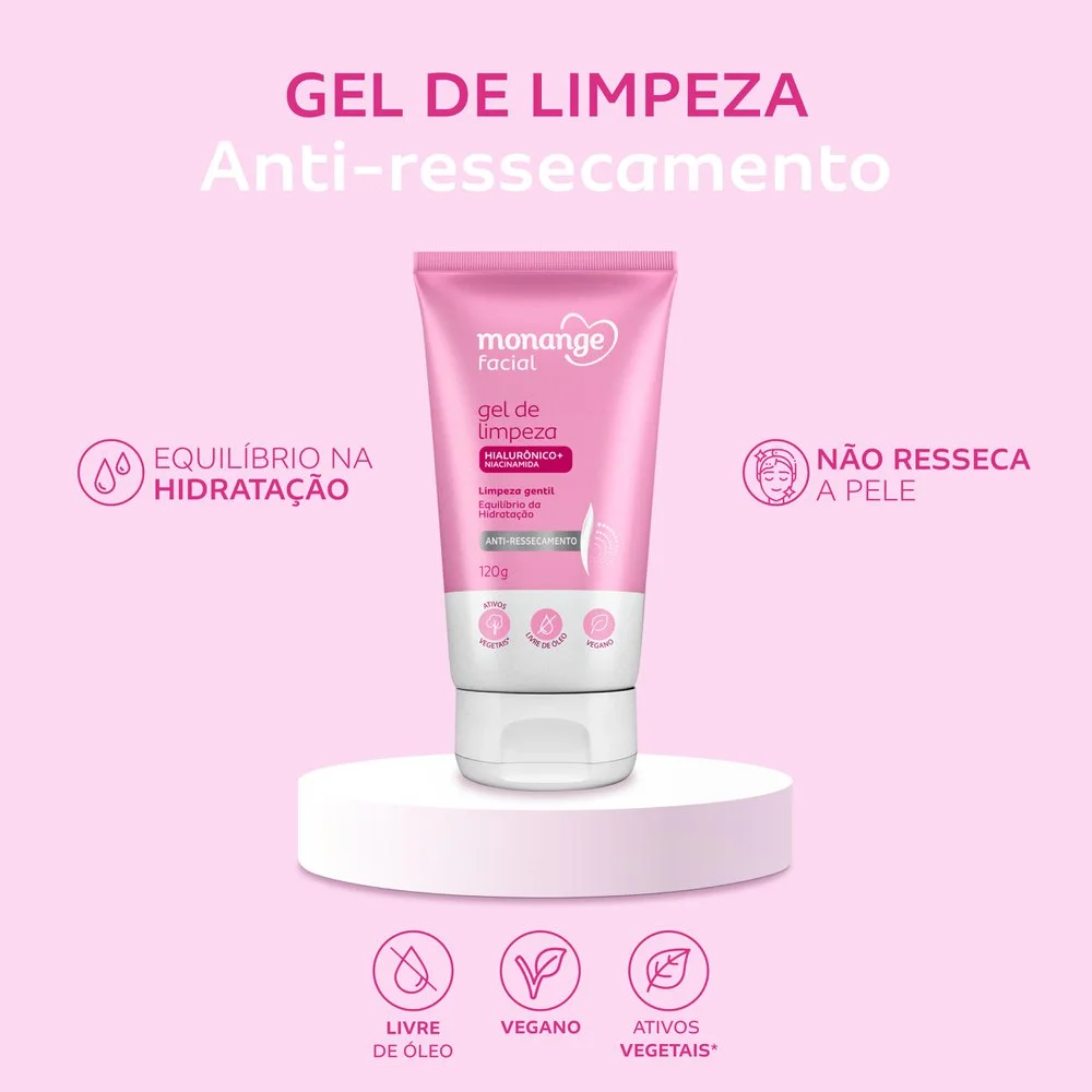 Gel de Limpeza Monange Facial Anti-Ressecamento com Ácido Hialurônico e Niacinamida 120g