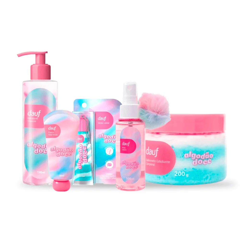 Kit Dauf Algodão Doce Sabonete Corporal 200g + Hidratante Para Mãos 50ml + Gloss Labial 7ml Azul + Hidratante Corporal 190ml + Body Splash 100ml